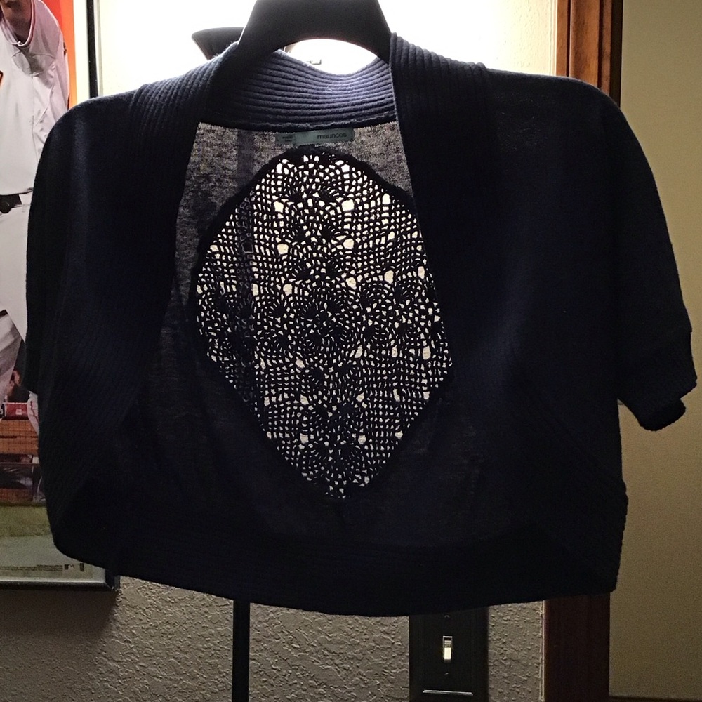 NAVY BLUE SWEATER SHRUG W/CROCHET BACK PANEL SIZE LARGE RUNS PRETTY SMALL